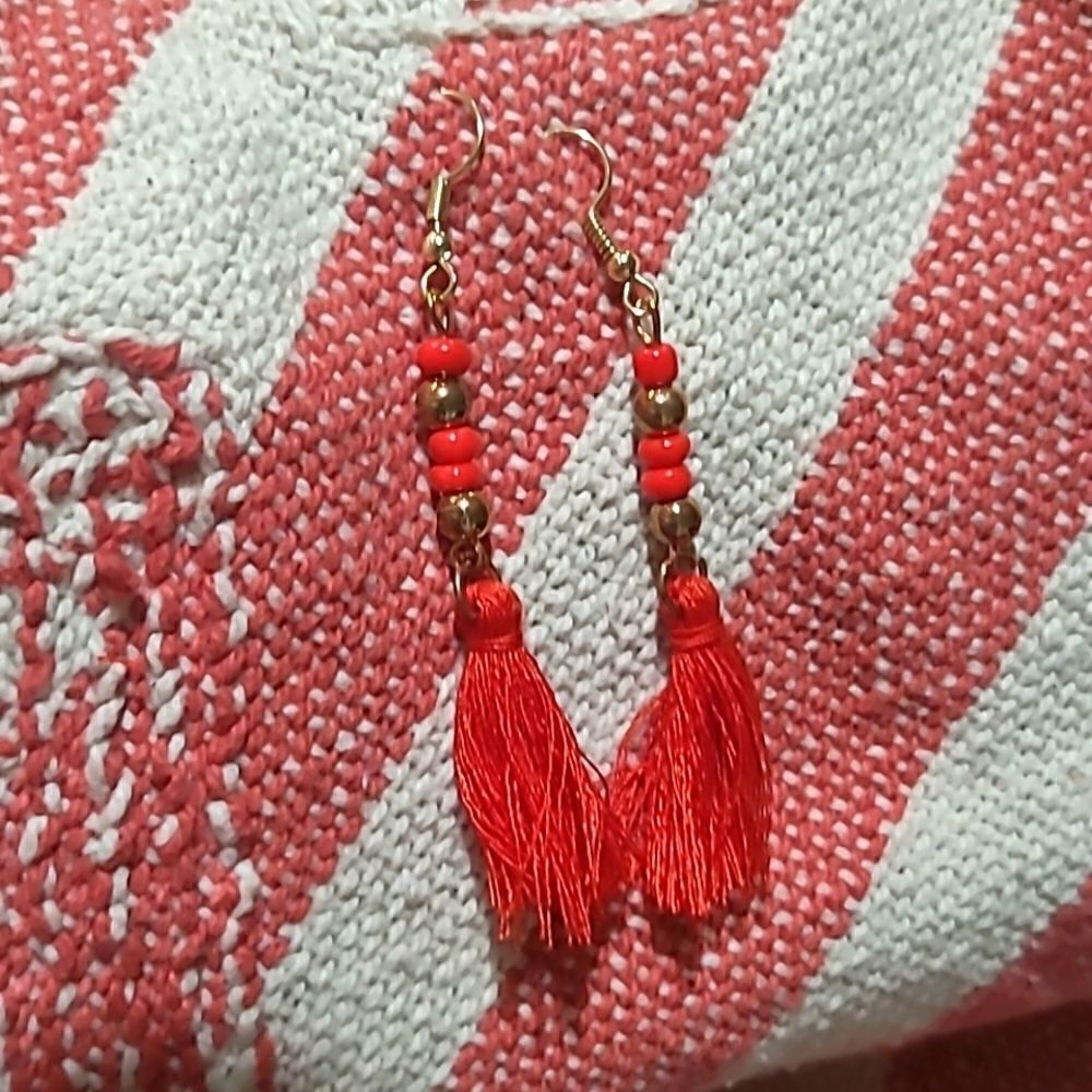 ♡♡♡ Handmade Red Gold Beaded Tribal Tassel Earrings
